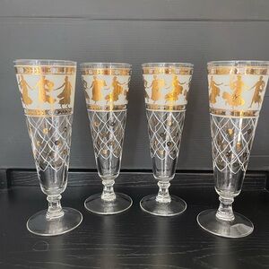 MCM Grecian Goddess Roman Gold Figures & Lattice Pilsner Bar Glasses Set of 4